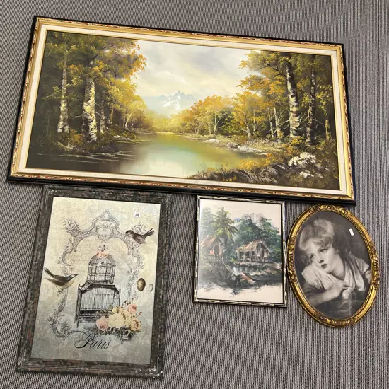 Large Oil Work Together With Three Framed Prints