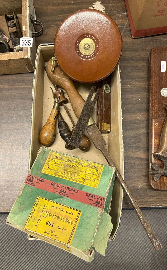 Box of Assorted Vintage Wooden HAnd Tools Together with Vintage Measuring Tape Image 1++