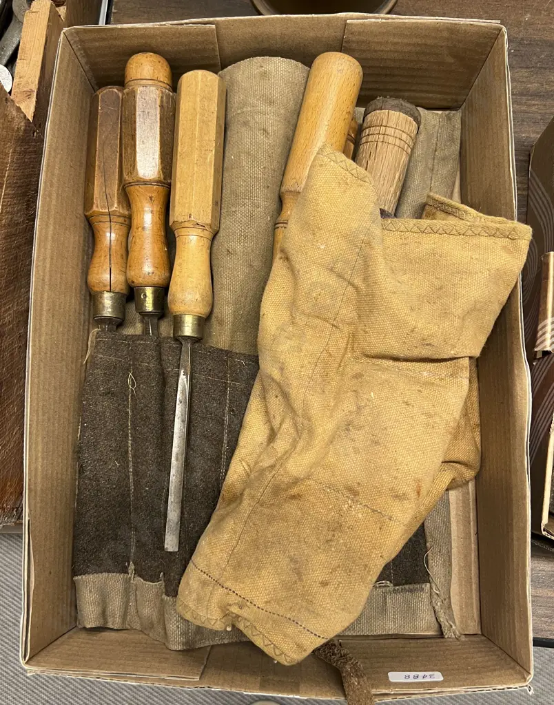 Box Including Assorted Wooden Handles Chisels etc Image 1++