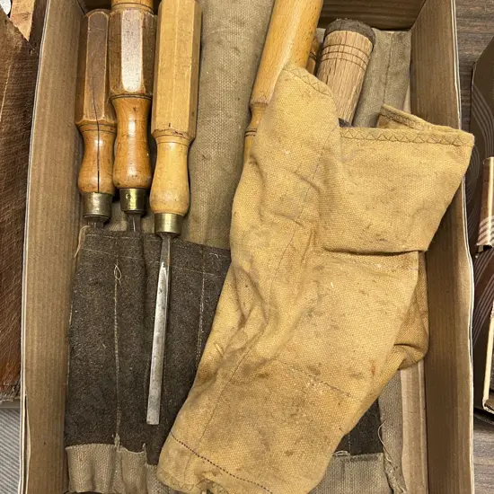 Box Including Assorted Wooden Handles Chisels etc