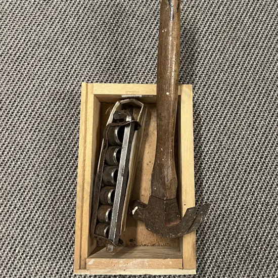Box Including Hammer and Vintage Rachet Set