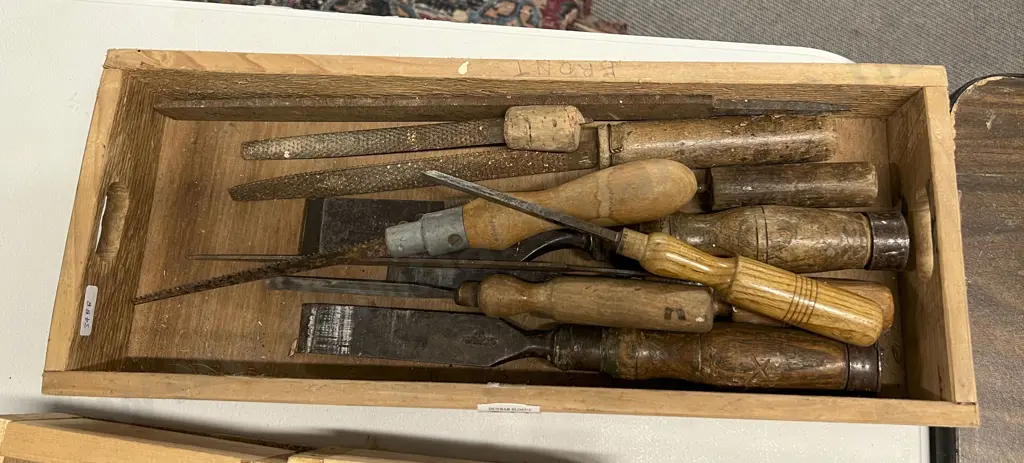 Box of Assorted Vintage Wooden Handled Tools Image 1++