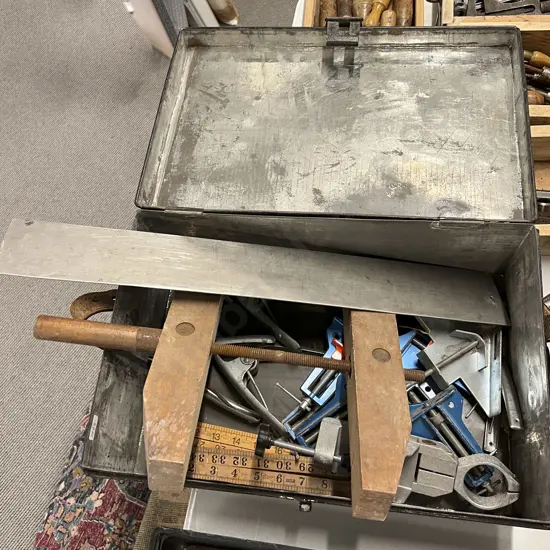 Tool Box of Assorted Vintage Clamps and Measures etc