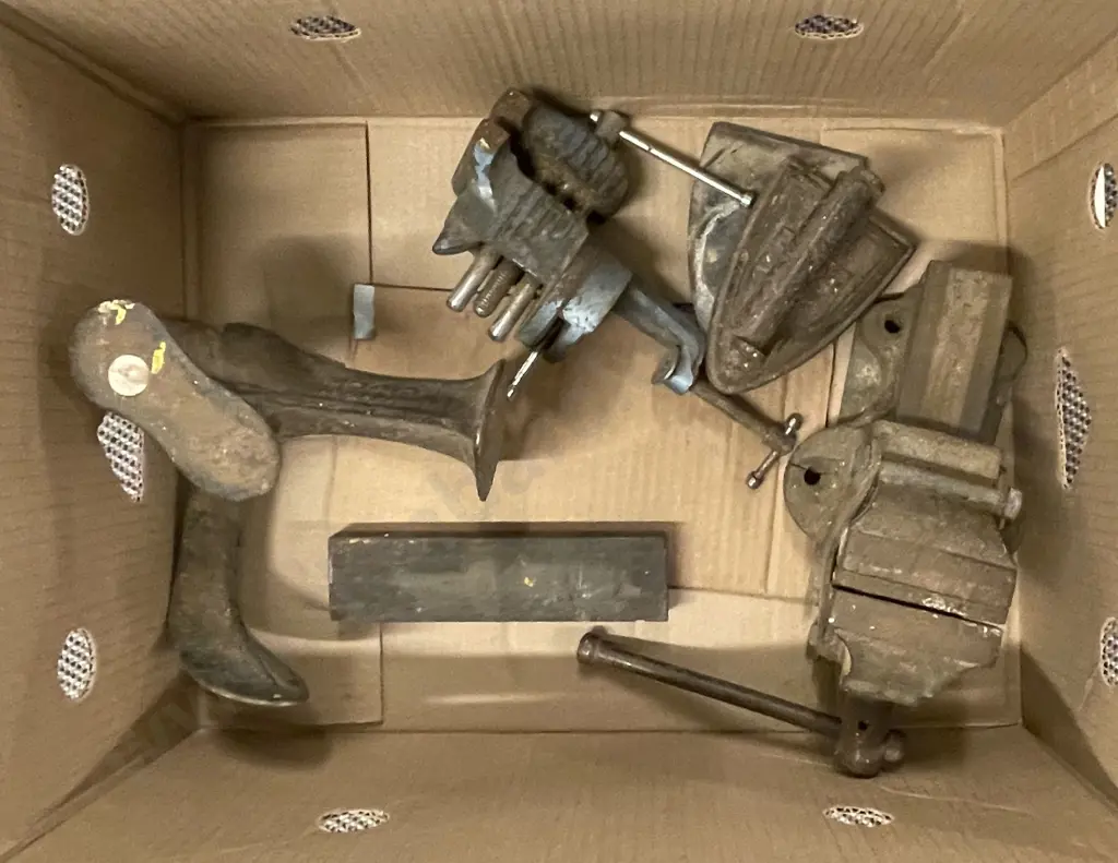 Box of Assorted Vintage Tools etc Including Vices Image 1++