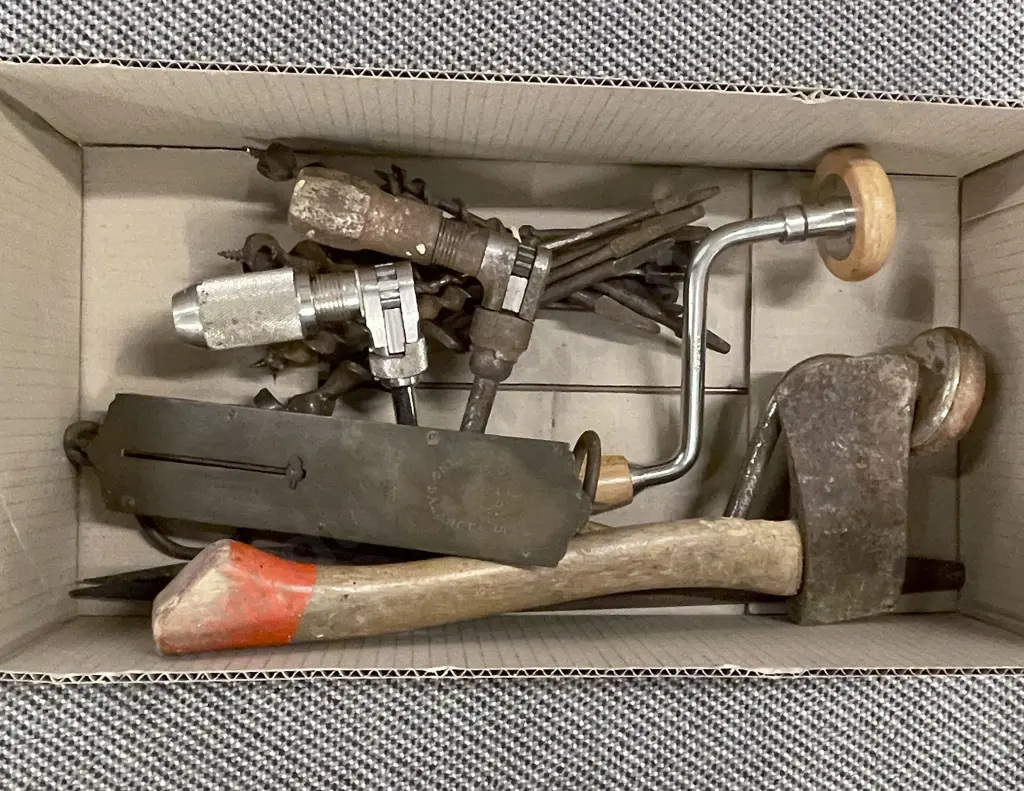 Box of Assorted Vintage Tools Including Hand Drills/Drill Bits Image 1++