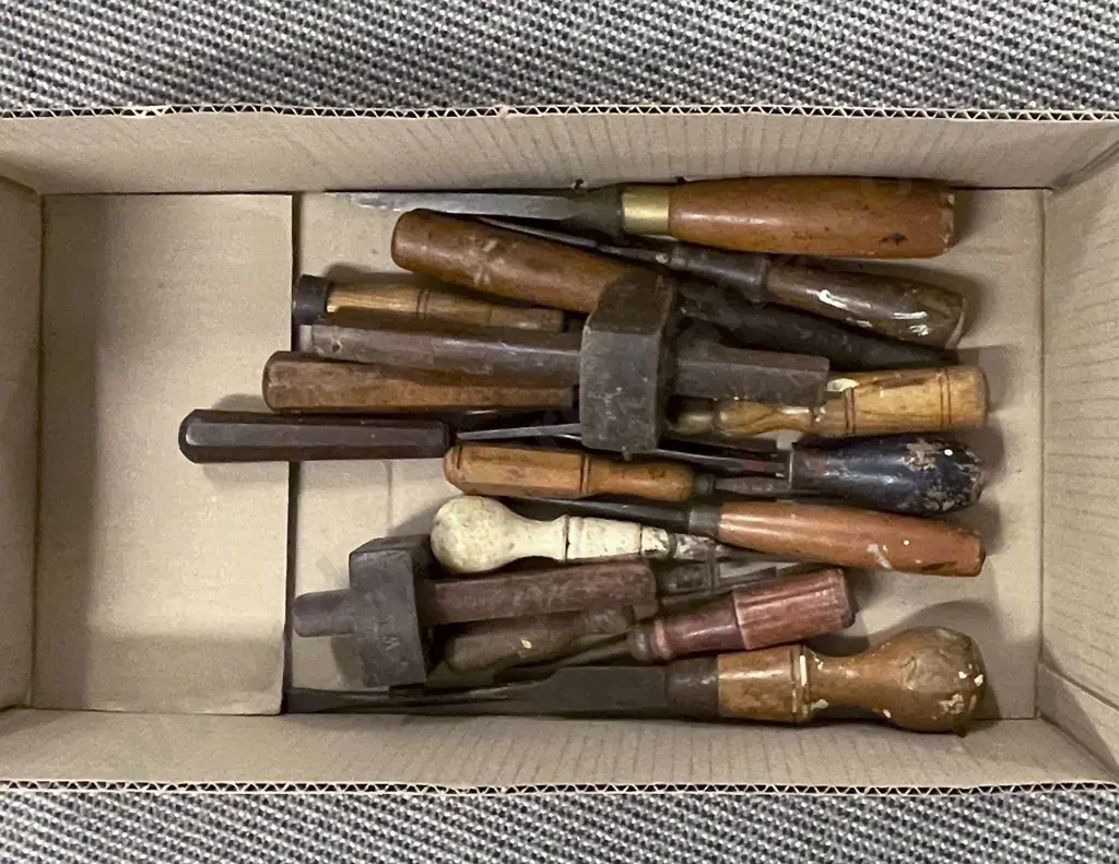 Box of Assorted Vintage Wooden Handled Tools Image 1++