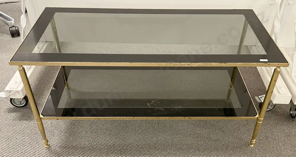 Two Tier Brass Coffee Table With Smoked Glass Tops Image 1++