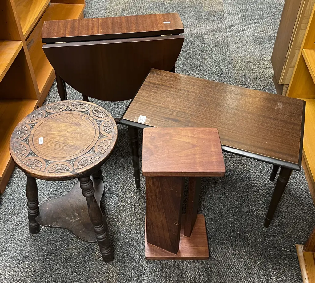 Drop Leaf Occ. Table Together with Carved Stool and Two other Occ. Items Image 1++