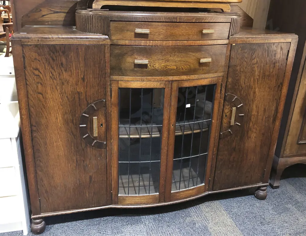 Art Deco Oak Sideboard with Central Lead Lite Doors Image 1++