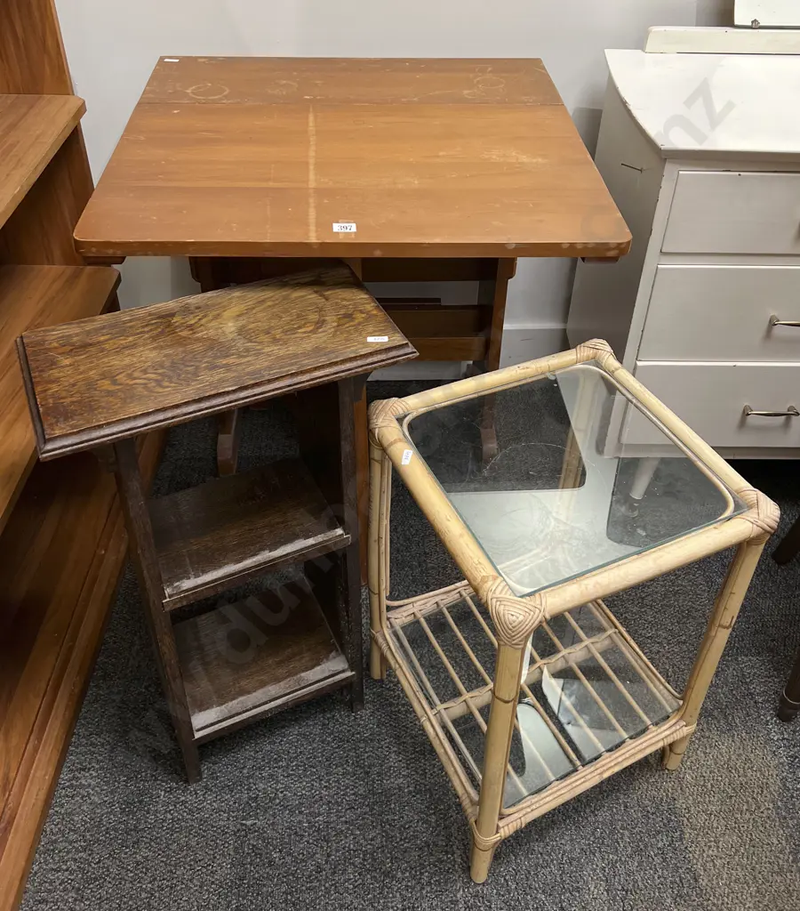 Drop Leaf Table Together With Small Oak Shelf and Small Cane Glass Top Table Image 1++