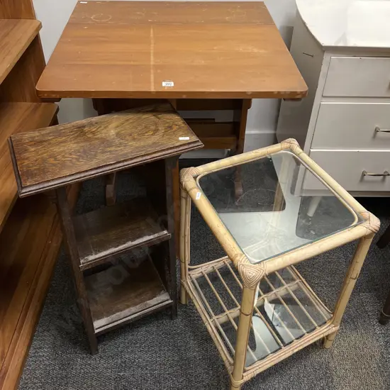 Drop Leaf Table Together With Small Oak Shelf and Small Cane Glass Top Table