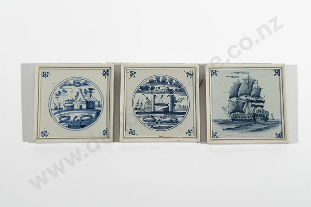 3 C19th Framed Delft Blue & White Tiles Image 1++