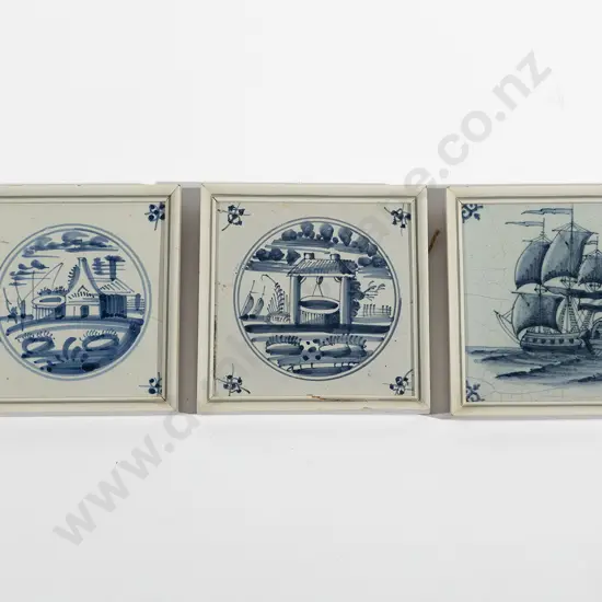 3 C19th Framed Delft Blue & White Tiles