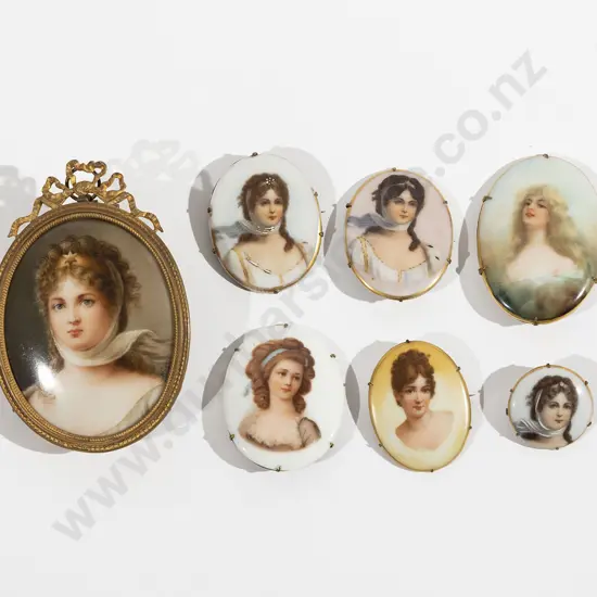 Gilt Framed Tile & Six Porcelain Tile Portraits Mounted as Brooches