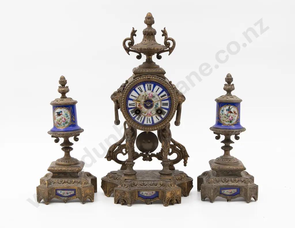 Late C19th Gilt Metal and Sevres Pattern Mantle Clock Garniture Image 1++