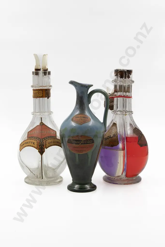French Benoit Ferres Glazed French Flask and Two Glass Decanters Image 1++