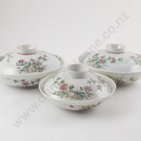 Set Of 3 Chinese Famille Rose Food Bowls & Covers