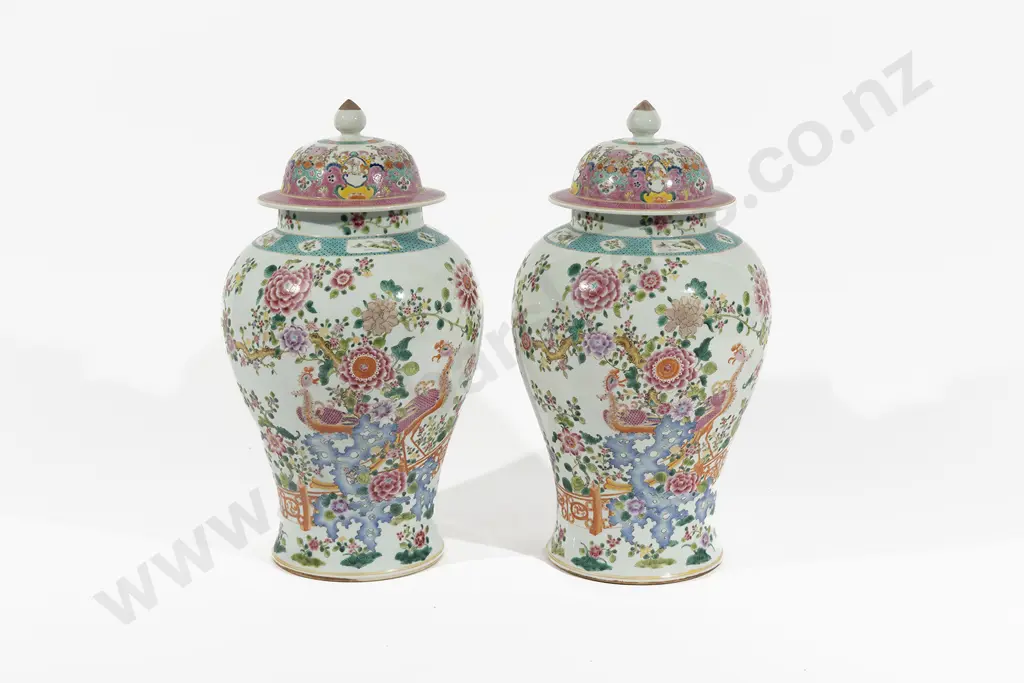 Large Pair Of C20th Chinese Famille Rose Vases & Covers Image 1++