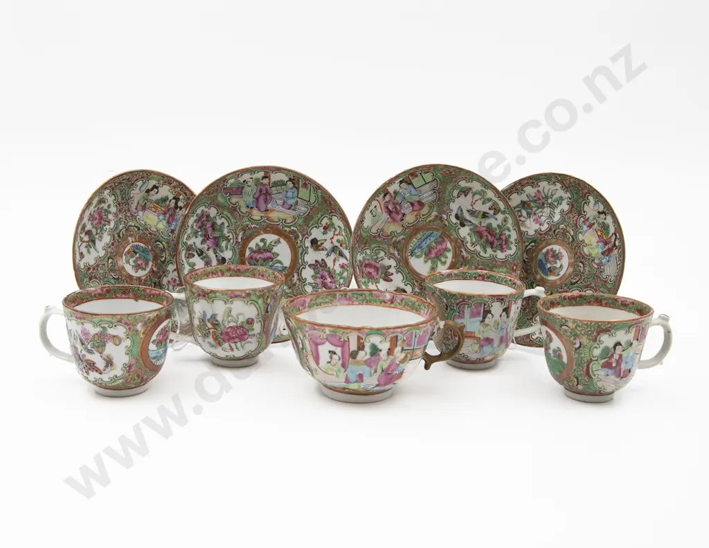 Five C19th Cantonese Famille Rose Export Ware Cups & Four Saucers Image 1++