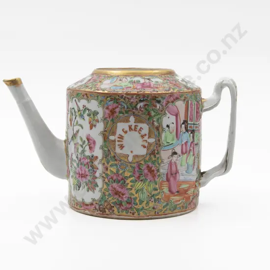 Late C19th Cantonese Famille Rose Export Ware Teapot For Wing-Kee & Co Stevedores Hong Kong
