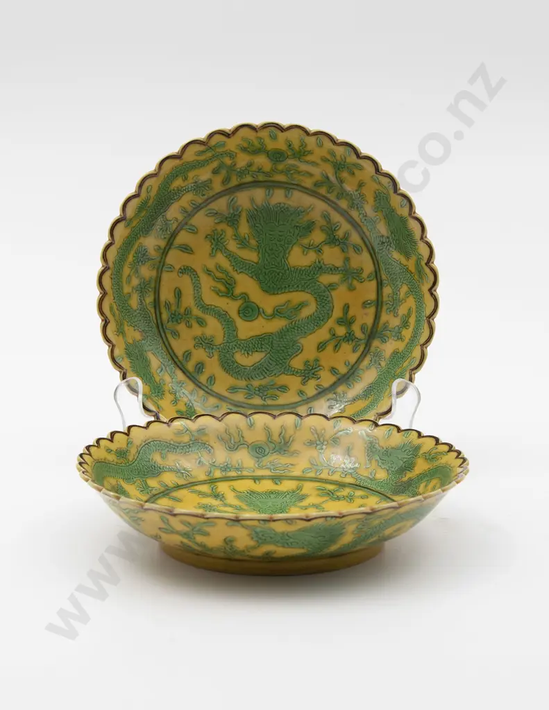 Pair Of Incised Yellow & Green Enamelled "Dragon" Saucers Image 1++