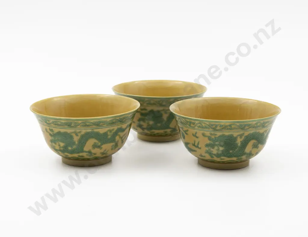 3 Chinese Green & Yellow Incised Enamelled "Dragon" Bowls Image 1++
