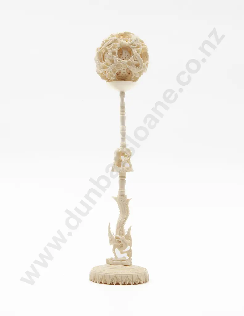 Boxed Chinese Ivory Puzzle Ball On Stand Image 1++