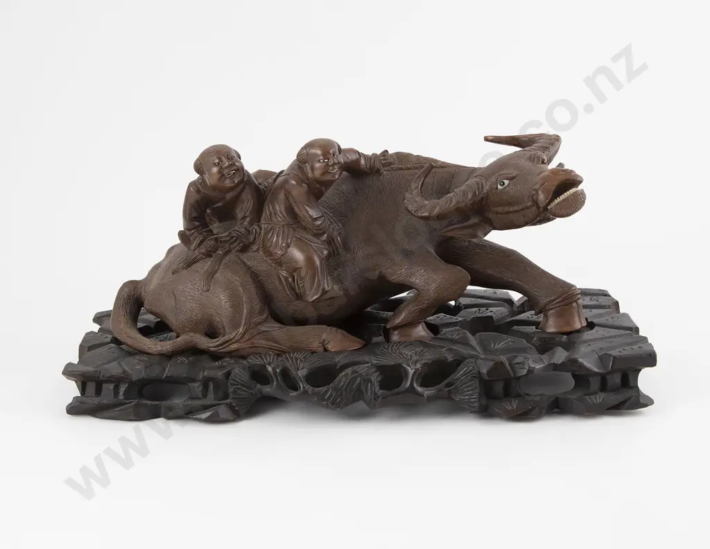 Chinese Wooden Carving Of 2 Children On A Water Buffalo Image 1++