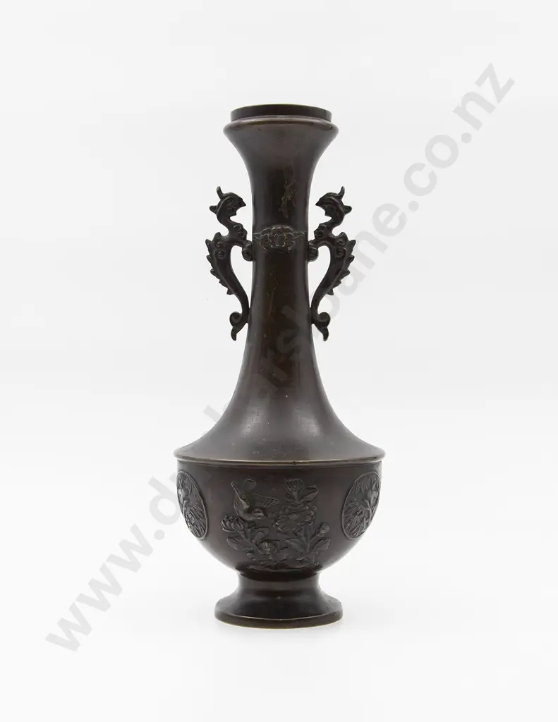 Japanese Meiji Period Two Handled Bronze Vase Image 1++