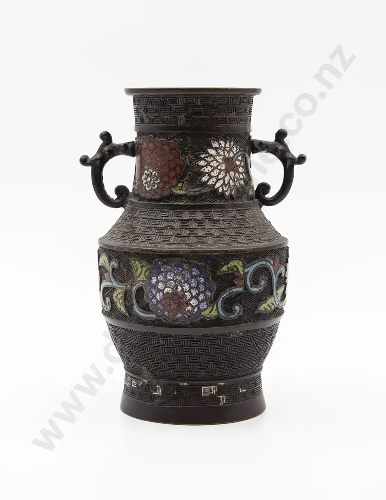 C19th Chinese Bronze & Champleve Two Handled Vase Image 1++