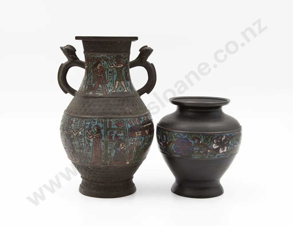 2 C19th Chinese Bronze & Champleve Vases Image 1++