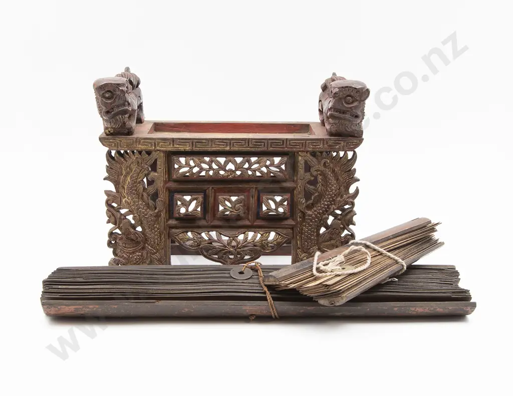 Antique Carved Wooden Temple Stand & Two Lontar Balinese Prayer Books Image 1++