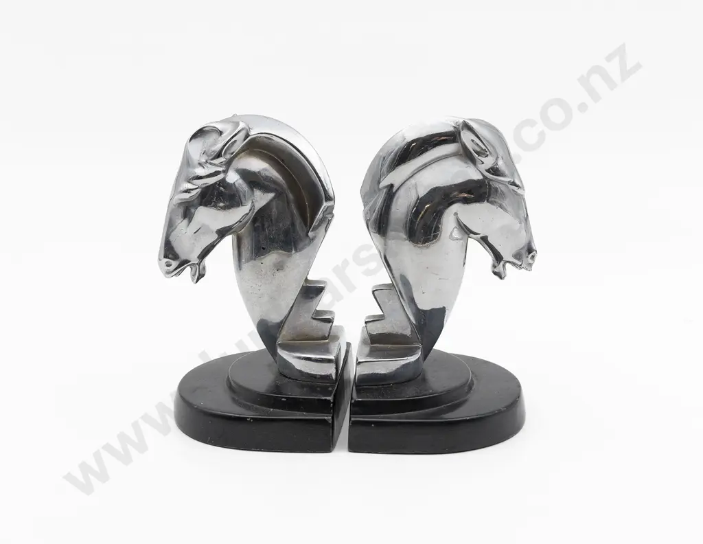 Art Deco Period  Pair of Stylized Metal Chrome Horse Head Bookends Image 1++
