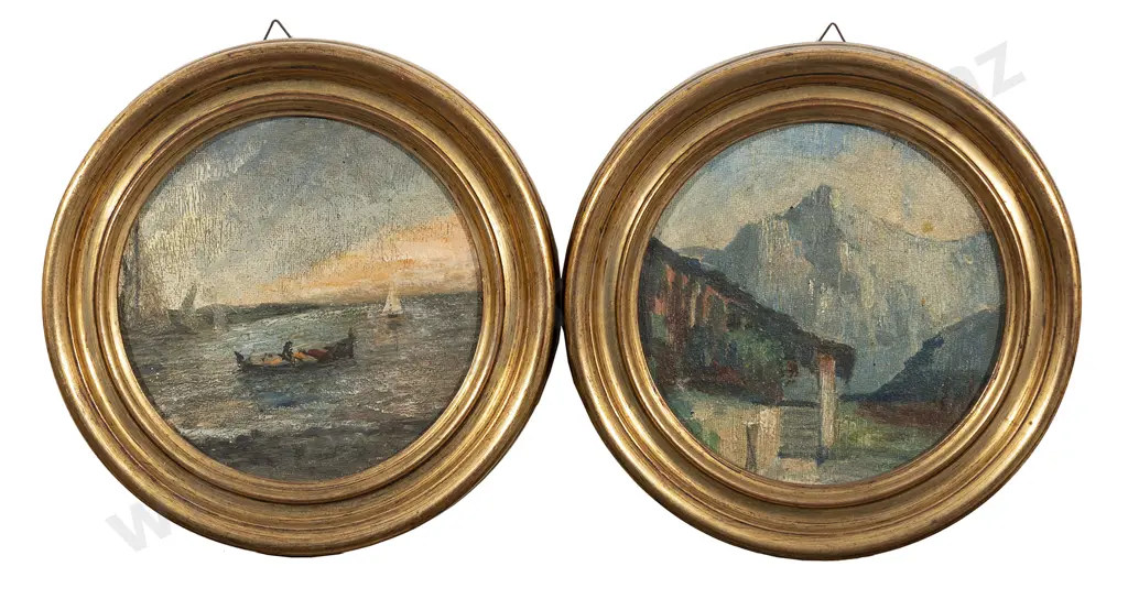 Two Circular Oil Paintings - Mountain Landscape and Boats at Sea Image 1++