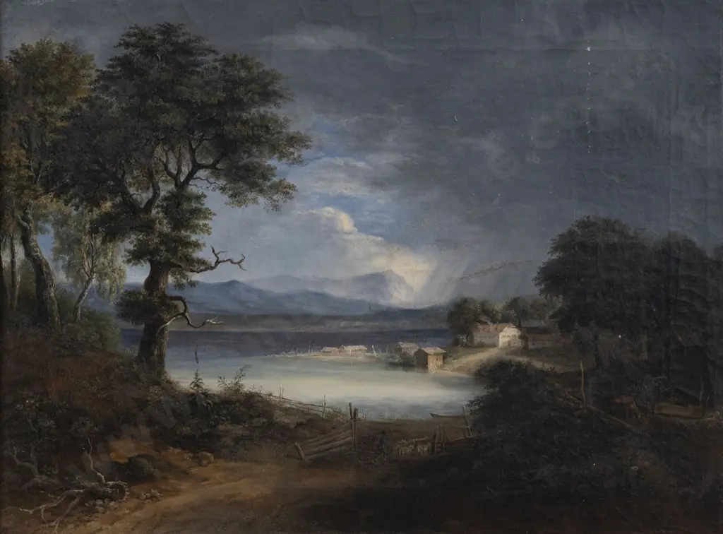 Unknown Artist In The Manner Of Pether- 19th Century Rural Lake Scene with Shepard Image 1++