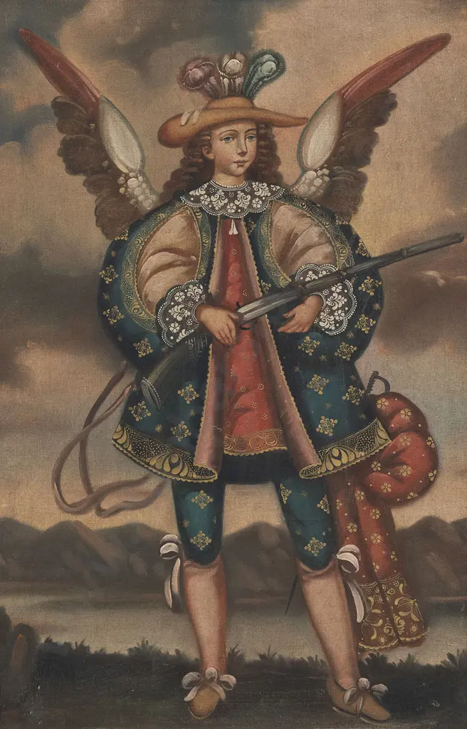 Oil Painting Of Archangel Michael With A Gun (In Cuzco Peru Tradition) Image 1++