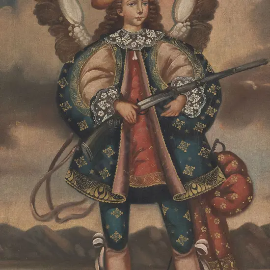 Oil Painting Of Archangel Michael With A Gun (In Cuzco Peru Tradition)