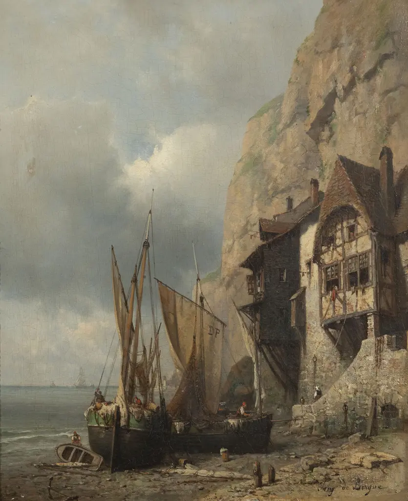Tony-Francois de Bergue - Fishing Boats on Shore Image 1++