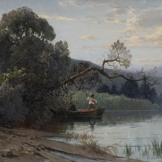 Oil Painting of River Landscape with Punt