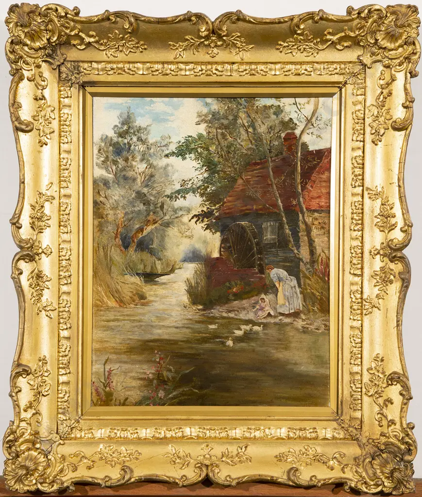 Waterwheel Cottage Scene with Mother and Child Image 1++
