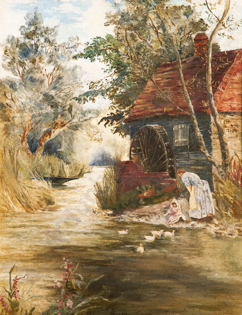 Waterwheel Cottage Scene with Mother and Child Image 1++