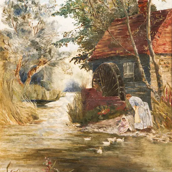 Waterwheel Cottage Scene with Mother and Child