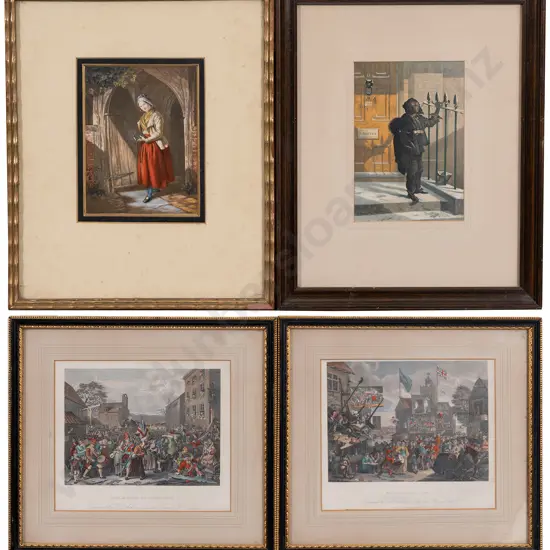 Two George Baxter prints and two engravings after William Hogarth