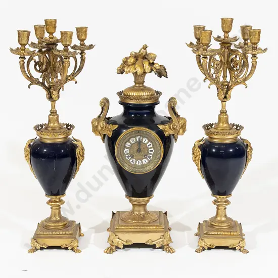 Fine Quality C19th French Sevres Style & Ormolu 3 Piece Clock Garniture