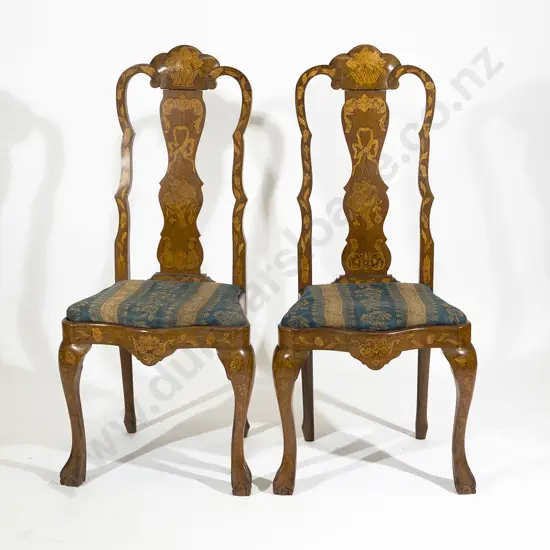 A Pair C19th Dutch Walnut & Marquetry Chairs