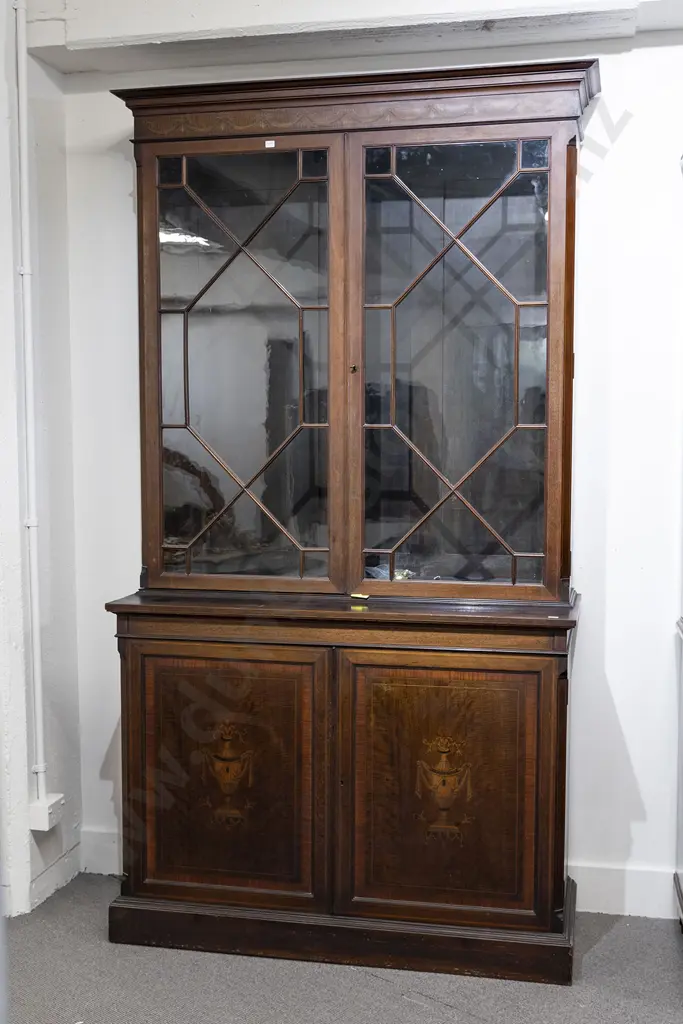 C19th Mahogany & Marquetry Cabinet Bookcase Image 1++