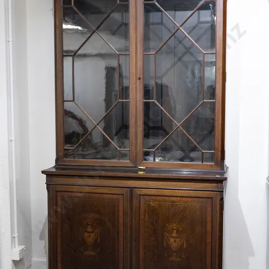 C19th Mahogany & Marquetry Cabinet Bookcase