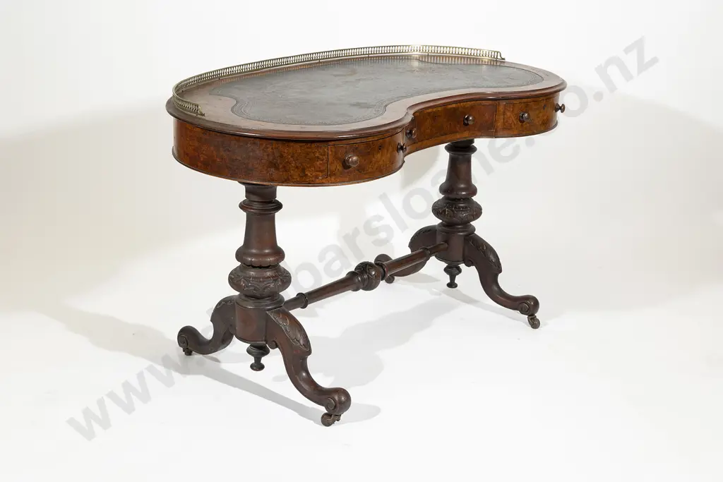 A Victorian Burr Walnut & Marquetry Kidney Shaped Writing Table Image 1++