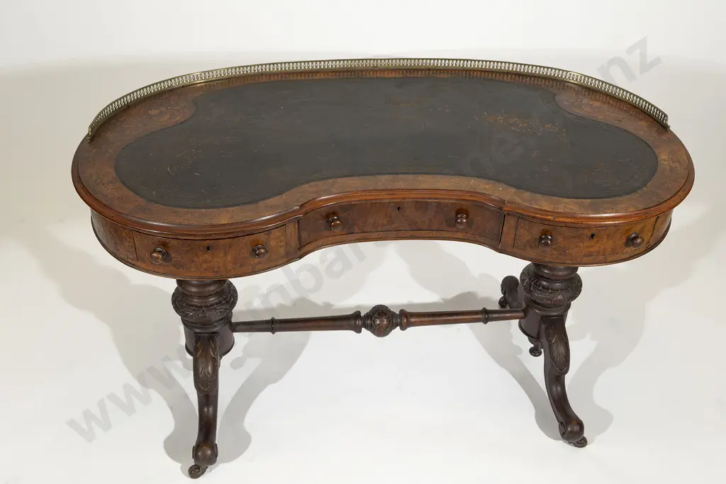 A Victorian Burr Walnut & Marquetry Kidney Shaped Writing Table Image 1++