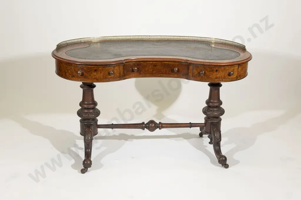A Victorian Burr Walnut & Marquetry Kidney Shaped Writing Table Image 1++